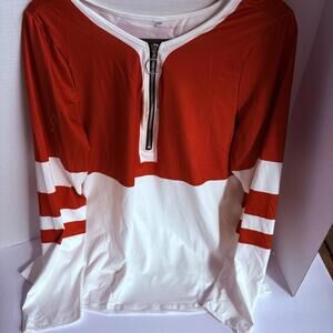 Red White Colorblock Zip Front Long Sleeve Round Neck Top Size XXL